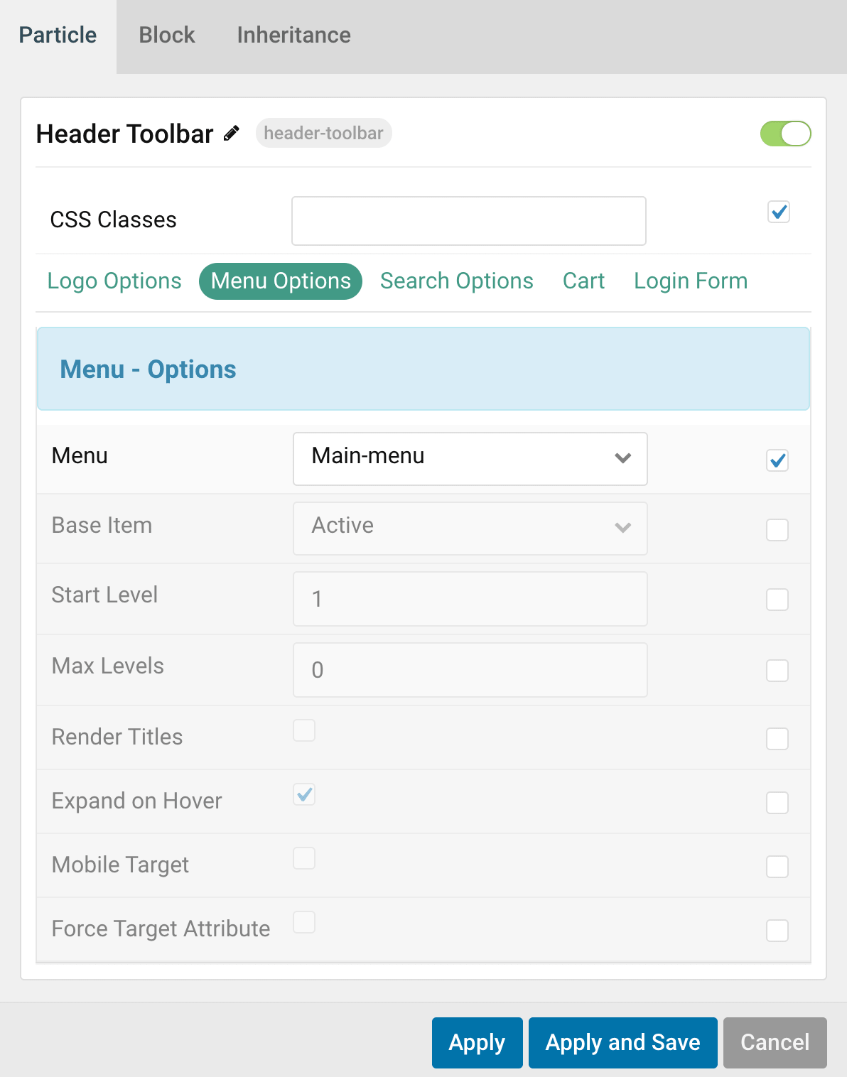 header toolbar menu options